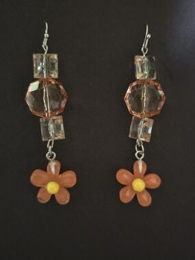 Orange Flower Drop Earrings with Faceted Beads